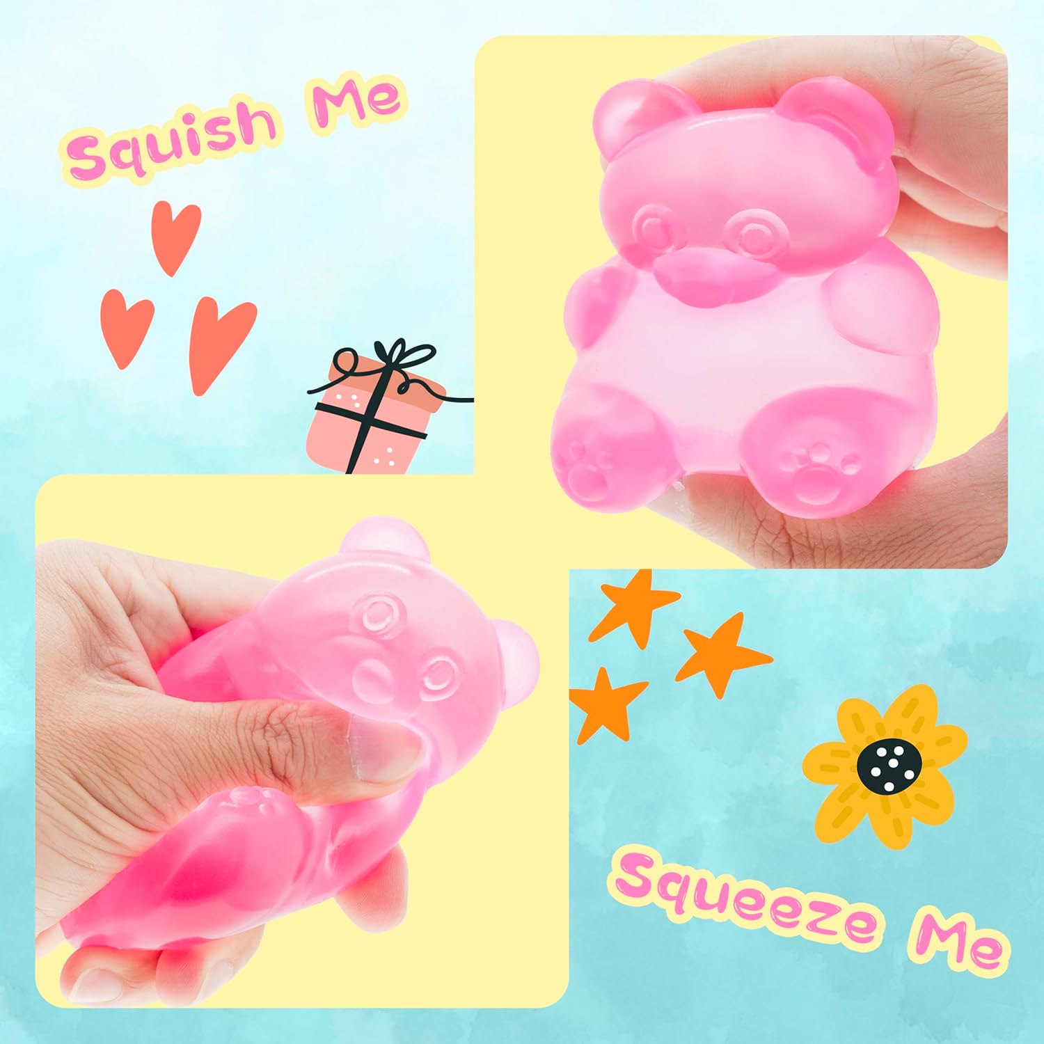 Set of 4 Stress Bear Squishy Ball (4 pcs: yellow+pink+blue+purple)