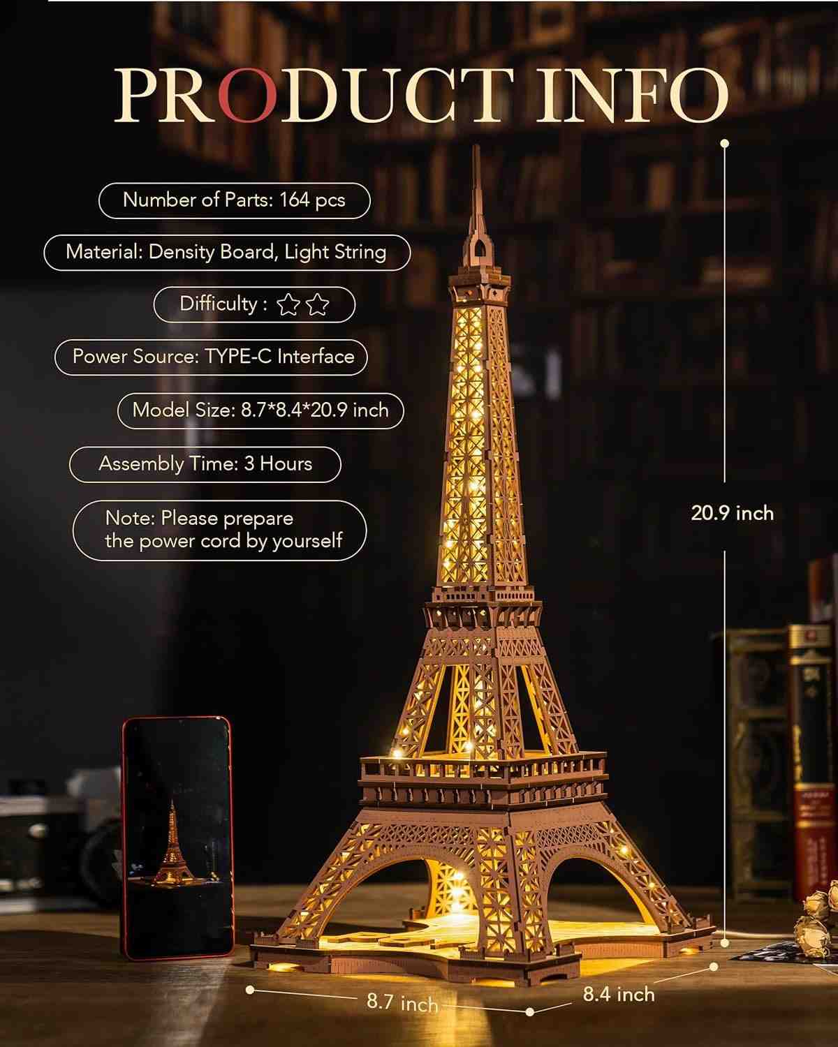 Eiffel Tower 3D Wooden Puzzle Night Light