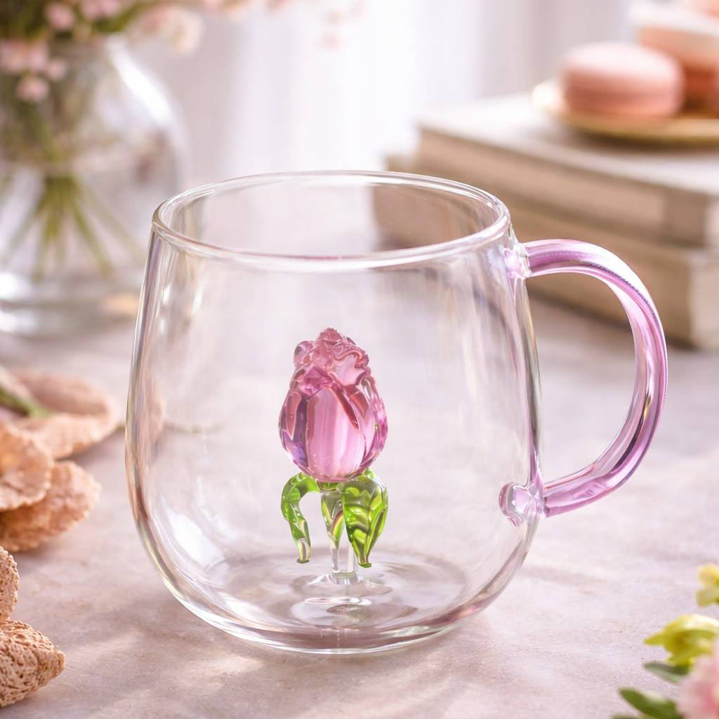 3D Decorative Rose Glass Mug with Handle
