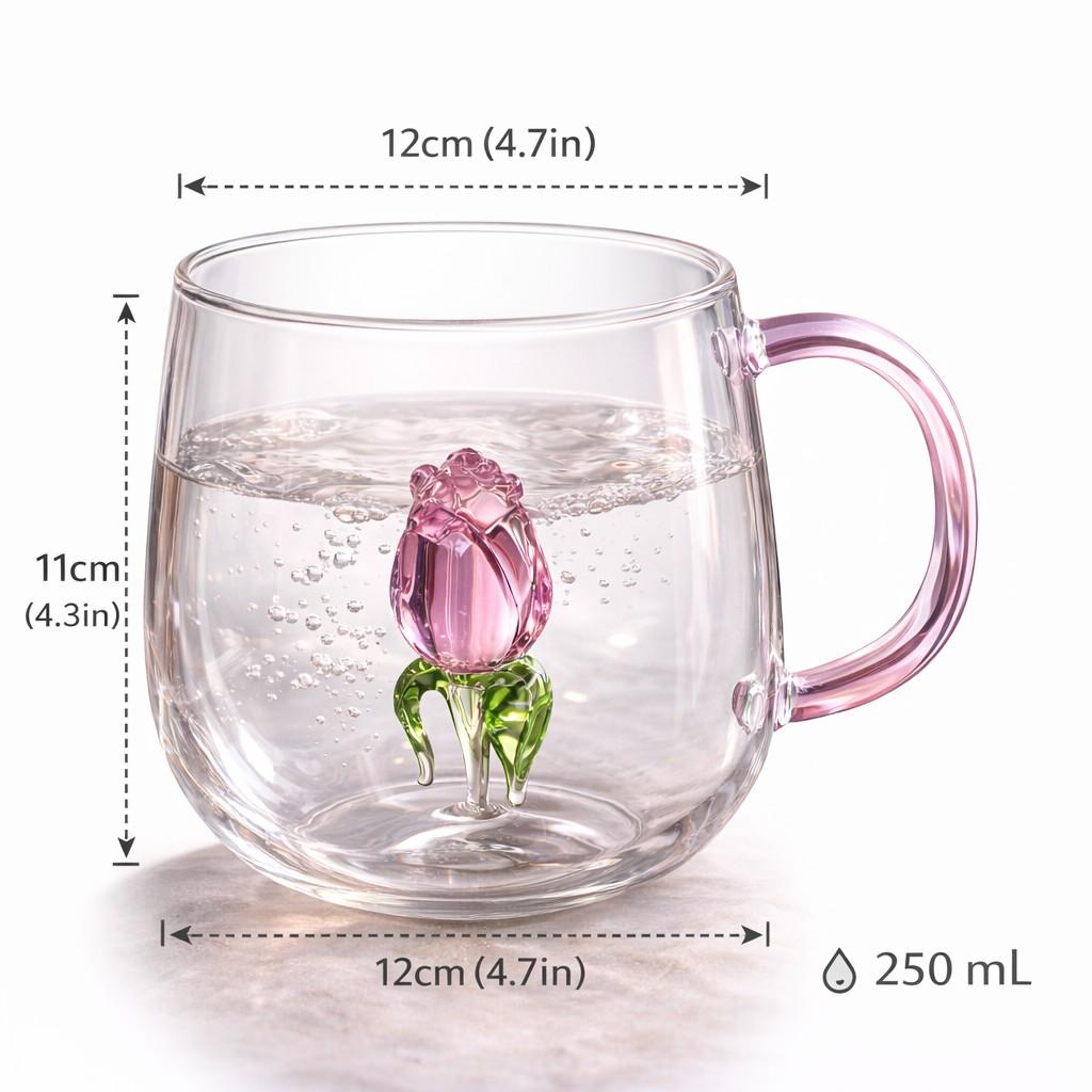 3D Decorative Rose Glass Mug with Handle